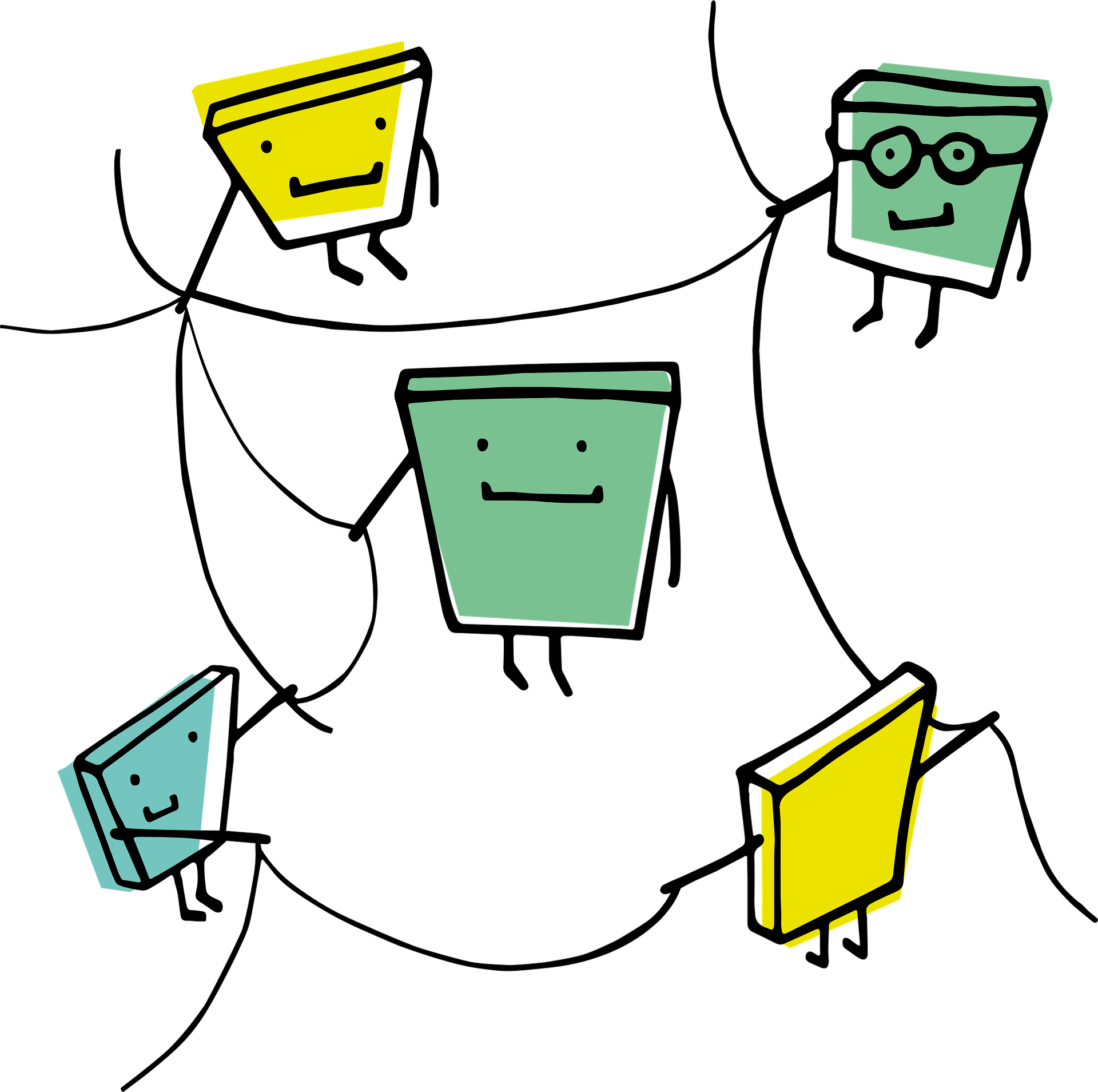 an image of five connected blocks that have smiling faces. they are connected by a piece of sring