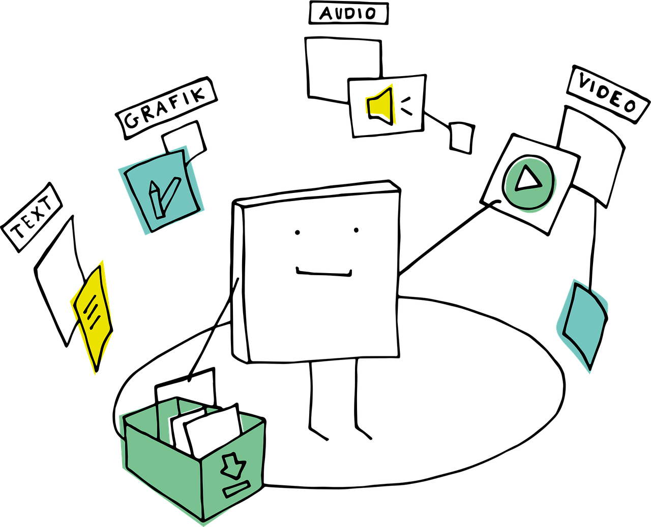 a line drawing of various office processes working in harmony