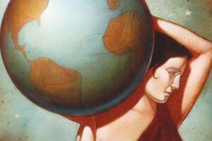 An art-deco style image of a woman holding the world on her right shoulder.